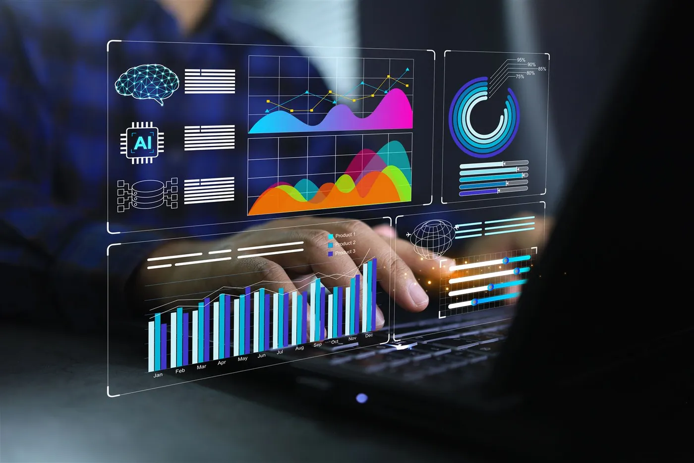 Hands at a laptop with layered analytics charts filling the screen