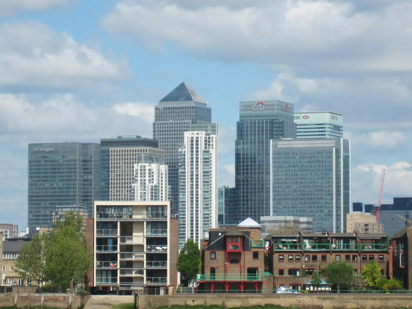 The Canary Wharf financial district skyline across the River Thames