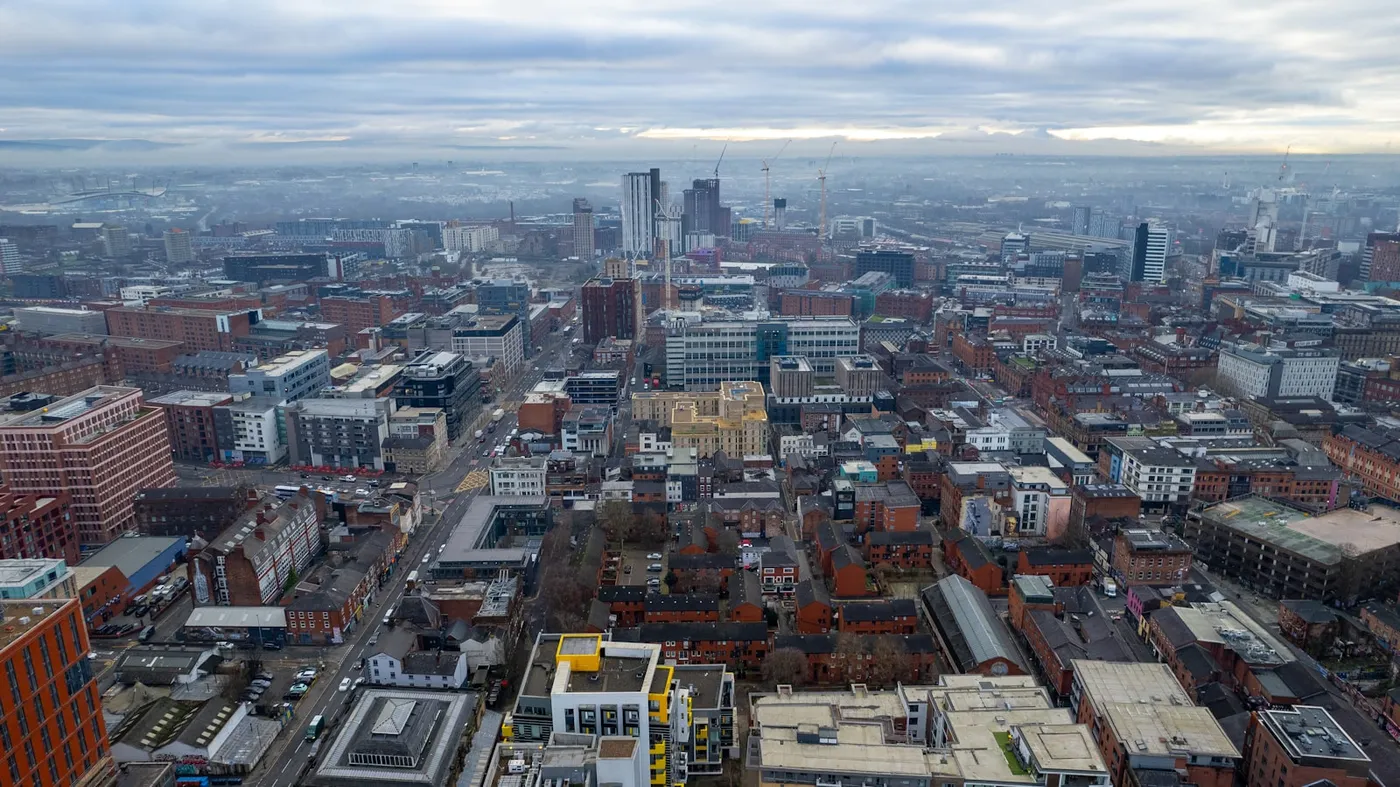 An aerial view over Manchester city centre